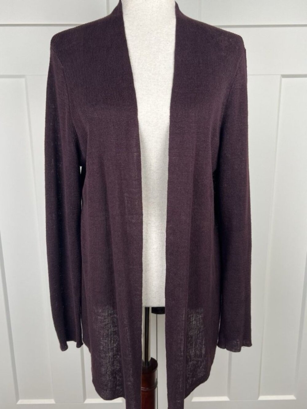 Eileen Fisher Linen Knit Cardigan L Burgundy Open Front Long Sleeve Lightweight